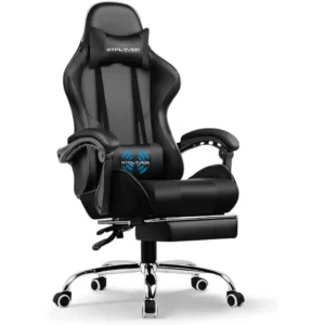 GTPLAYER Ergonomic Gaming Chair with USB Massage Cushion, Footrest & Armrests, PU Leather Computer/Video Game Desk Chair with Adjustable Lumbar Support & Headrest (GCC, Black)