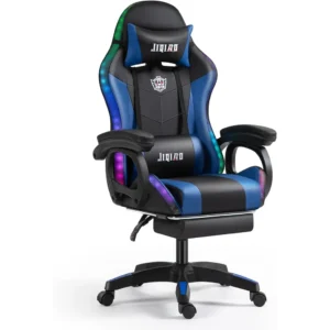 UIMOKI Gaming Chair Ergonomic Massage Lumbar Support with R GB Lights Reclining Footrest Adjustable Armrest Swivel Racing Seat for Adults Video Gamer Office Computer Chairs (Blue)