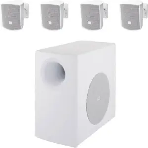 JBL C50 Packaged Subwoofer Loudspeaker System, Surface Mount, High Fidelity Sound, Includes 4 x Control 52 Loudspeakers, 70/100V and Low-Impedance Operation, Zinc Plated Steel, White | C50PACK-WH