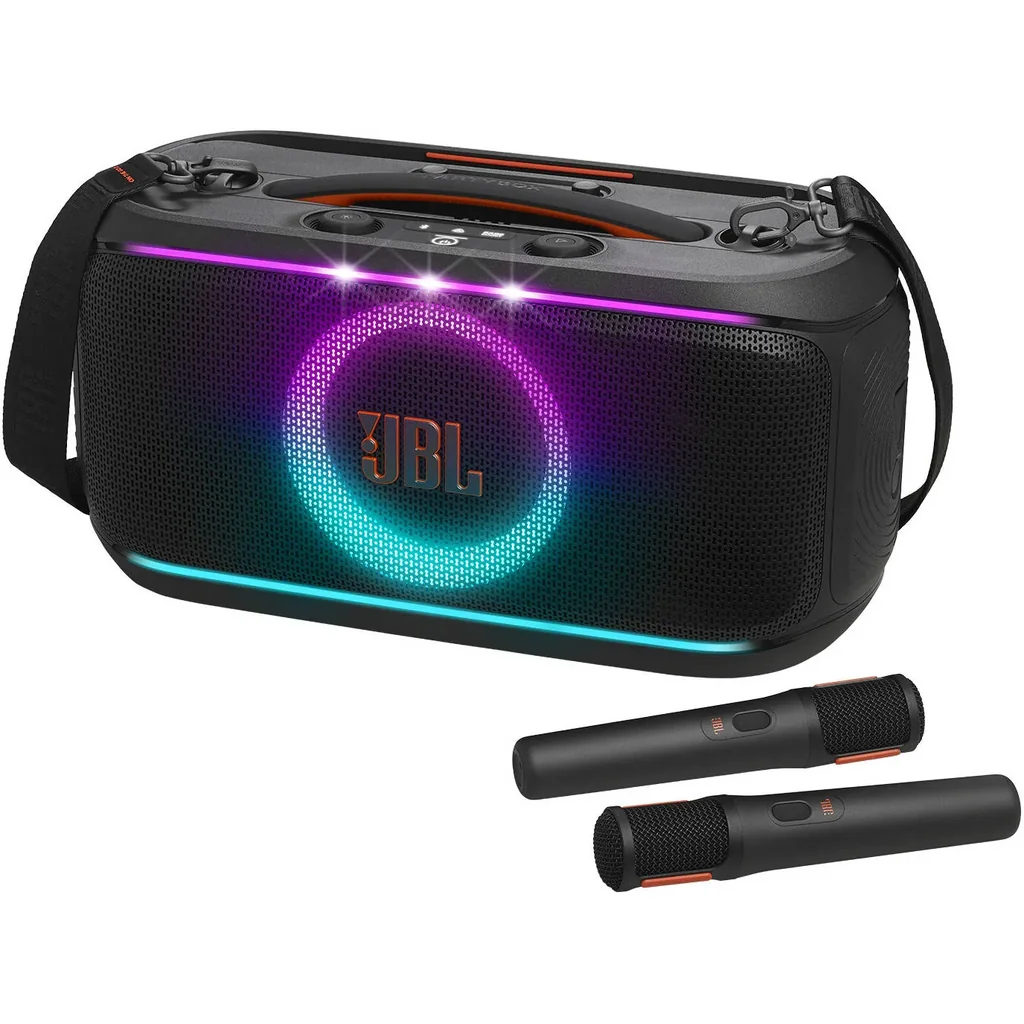 JBL PartyBox On-The-Go 2 Portable Party Speaker, Bluetooth 5.4 Auracast Multi-Speaker Pairing, 2 Wireless Mics Karaoke Echo Smart Key Change, 15Hr Battery USB-C Fast Charge, Black | JBLPARTYBOXOTG2