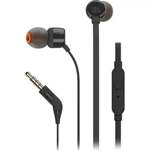 JBL Tune 110 Wired In-Ear Headphones With JBL Pure Bass Sound, 9mm Drivers, Built-in Microphone, Convenient Single-Button Remote, Tangle-free Flat Cable, Black | JBLT110BLKE