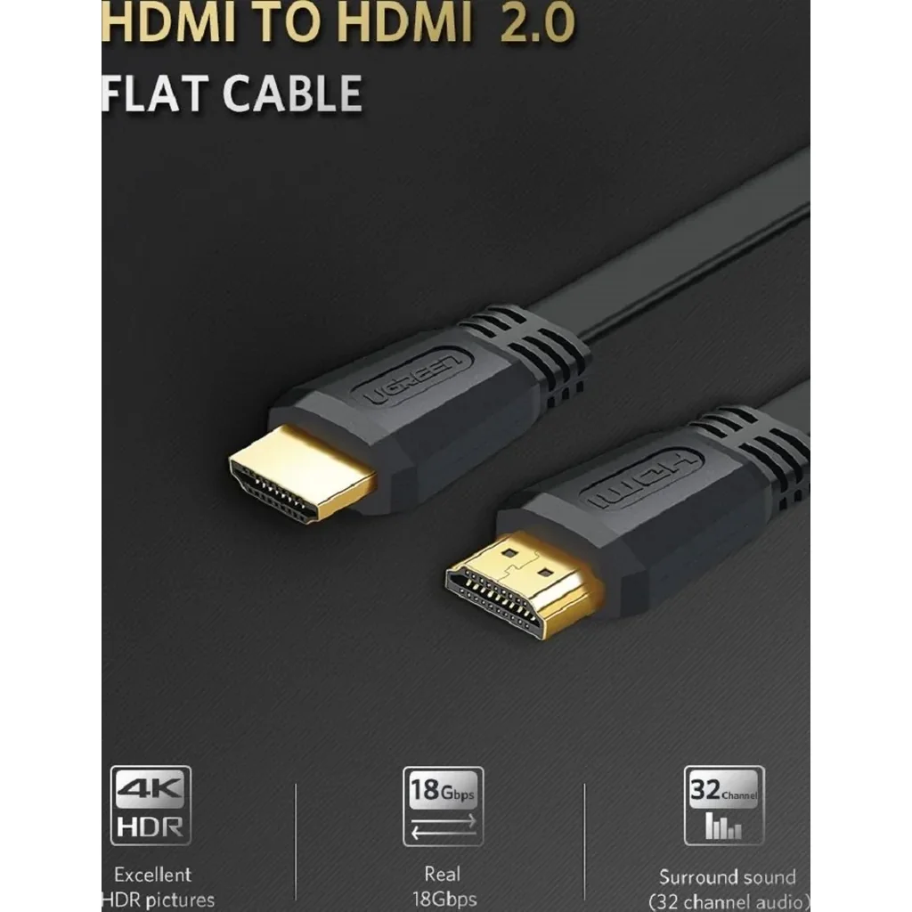 UGreen HDMI 2.0 Flat Cable, Supports Resolution Up to 4Kx2K@60Hz, 18 Gbps Transmission Speed, Flat Design, 24K Gold Connectors, 3 Meter Cable Length, Black | 50820 - Image 2