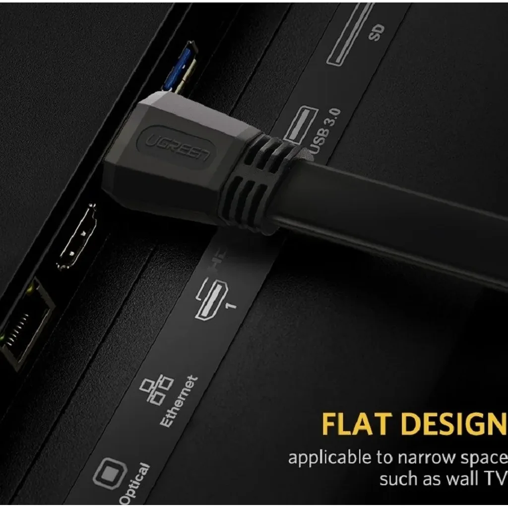 UGreen HDMI 2.0 Flat Cable, Supports Resolution Up to 4Kx2K@60Hz, 18 Gbps Transmission Speed, Flat Design, 24K Gold Connectors, 3 Meter Cable Length, Black | 50820 - Image 3