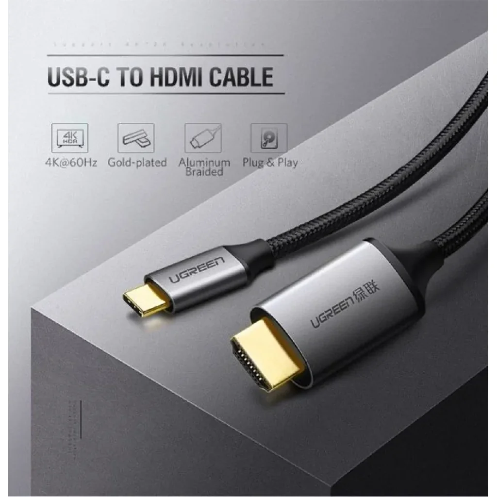 Ugreen USB-C to HDMI Male to Male Cable, Nylon Braided Cable + Aluminium Case, Supports HDCP 1.4/2.2, 4K (3840x2160)@ 60Hz, USB-C & Thunderbolt 3, 1.5 Meter, Gray Black | 50570 - Image 4