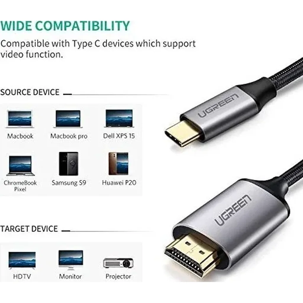 Ugreen USB-C to HDMI Male to Male Cable, Nylon Braided Cable + Aluminium Case, Supports HDCP 1.4/2.2, 4K (3840x2160)@ 60Hz, USB-C & Thunderbolt 3, 1.5 Meter, Gray Black | 50570 - Image 7