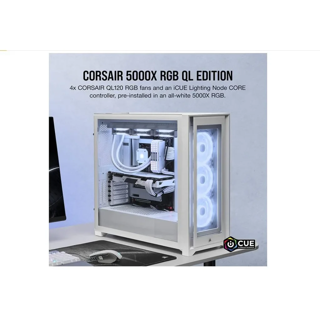 Corsair iCUE 5000X RGB QL Edition Mid Tower Case, Tempered Glass, 4 QL120 RGB Fans, Up To 360mm Radiator Support, Lighting Node Core, 136 Total RGB LEDs, White | CC-9011233-WW - Image 2
