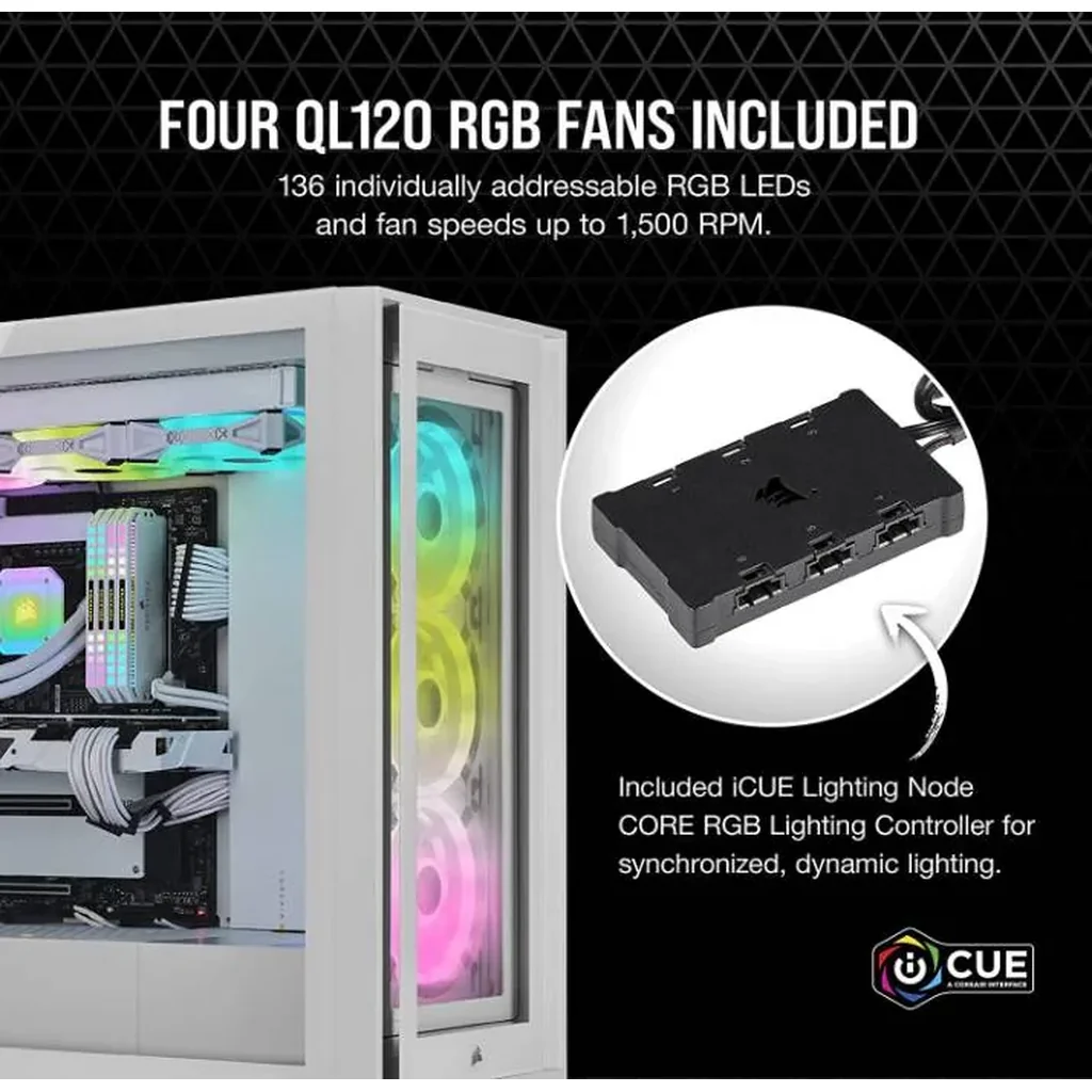 Corsair iCUE 5000X RGB QL Edition Mid Tower Case, Tempered Glass, 4 QL120 RGB Fans, Up To 360mm Radiator Support, Lighting Node Core, 136 Total RGB LEDs, White | CC-9011233-WW - Image 3