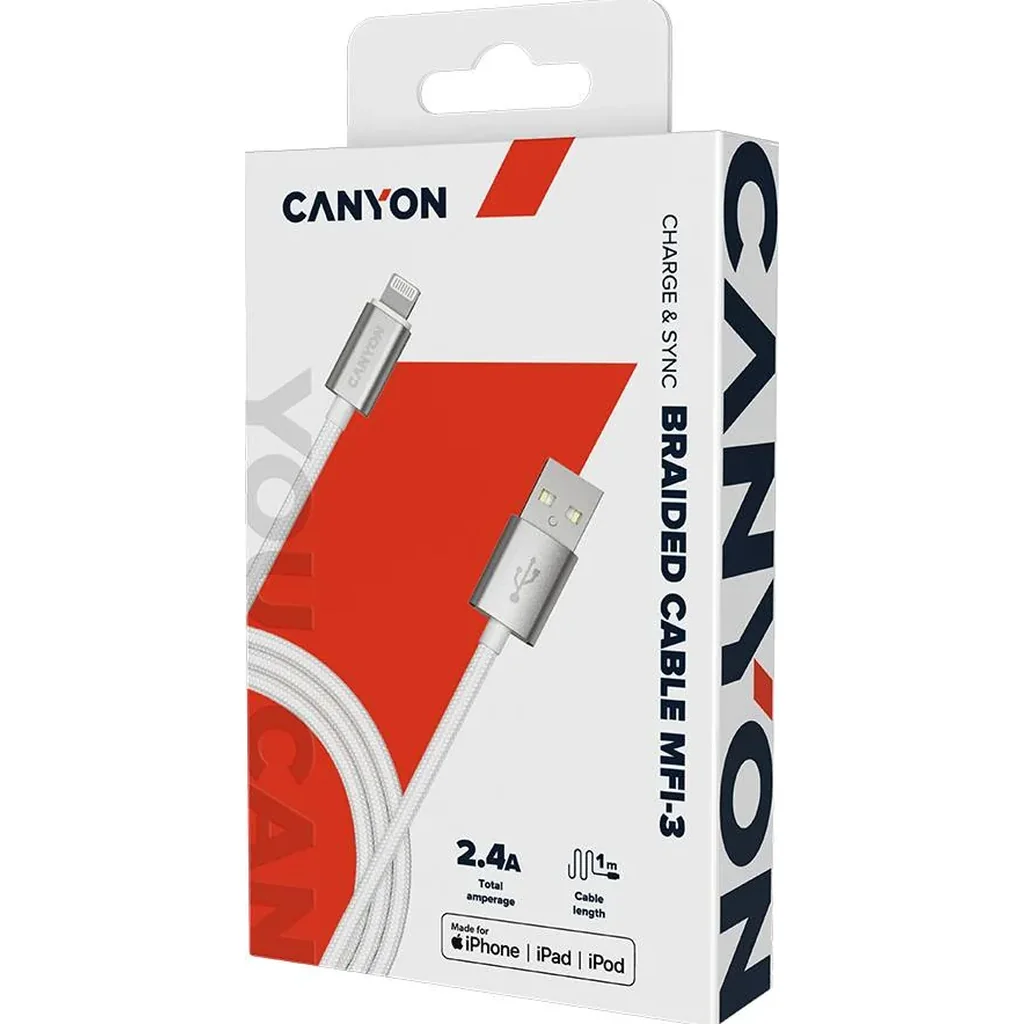 Canyon MFI-3 Charge & Sync MFI Braided Cable, With Metalic Shell, USB to Lightning, Certified by Apple, Length 1m, OD2.8mm, Pearl White | CNS-MFIC3PW - Image 3
