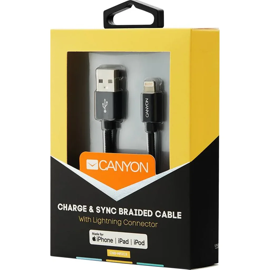 Canyon MFI-3 Charge & Sync MFI Braided Cable, With Metalic Shell, USB to Lightning, Certified by Apple, Length 1m, OD2.8mm, Black | CNS-MFIC3B - Image 4