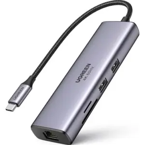 Ugreen 7 in 1 Multiport Adapter, With 4K@60Hz, 100W PD Pass Through Charging, Gigabit Ethernet Port, Dual SuperSpeed 5G USB 3.0 Ports, SD & Micro SD Card Reader, USB-C Male Input, Gray | 60515 / 90568