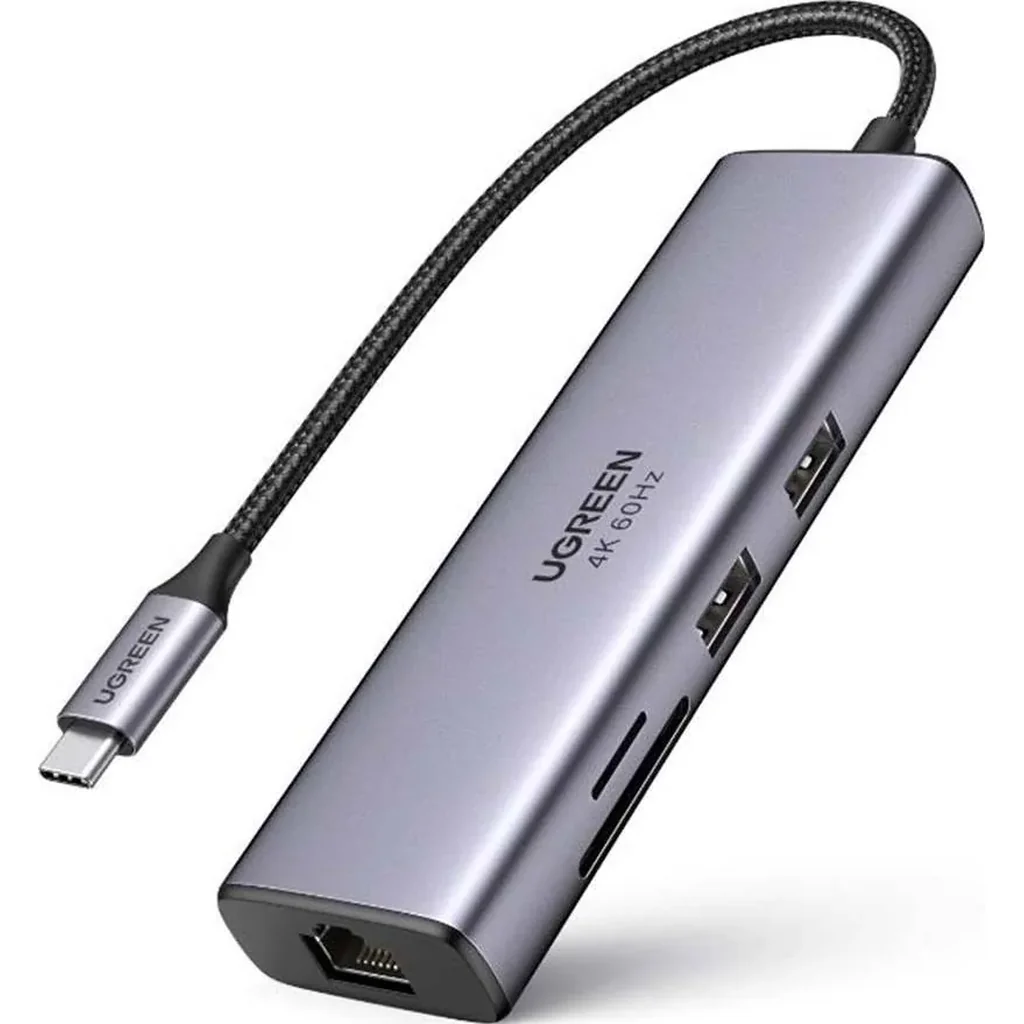 Ugreen 7 in 1 Multiport Adapter, With 4K@60Hz, 100W PD Pass Through Charging, Gigabit Ethernet Port, Dual SuperSpeed 5G USB 3.0 Ports, SD & Micro SD Card Reader, USB-C Male Input, Gray | 60515 / 90568