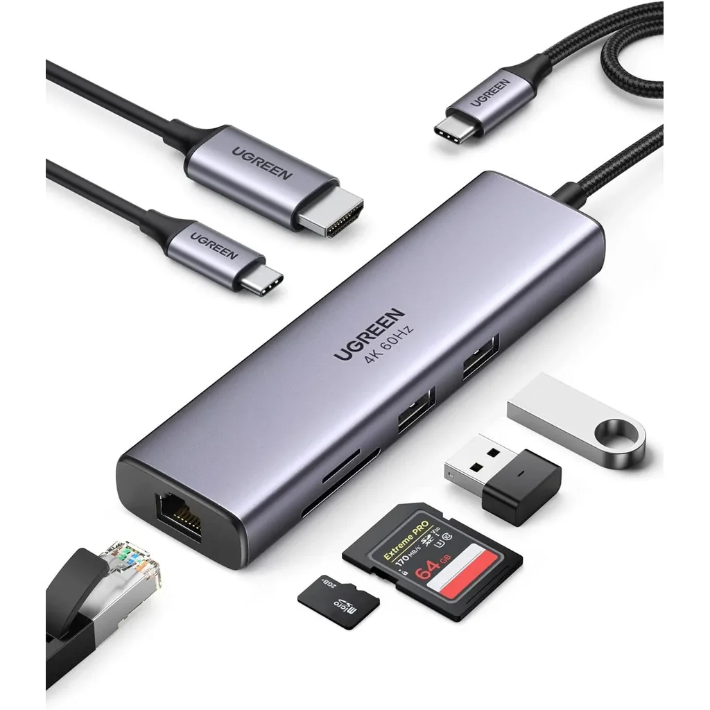 Ugreen 7 in 1 Multiport Adapter, With 4K@60Hz, 100W PD Pass Through Charging, Gigabit Ethernet Port, Dual SuperSpeed 5G USB 3.0 Ports, SD & Micro SD Card Reader, USB-C Male Input, Gray | 60515 / 90568 - Image 2