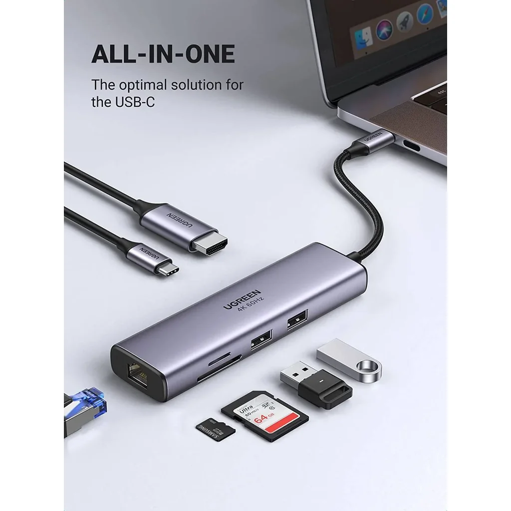 Ugreen 7 in 1 Multiport Adapter, With 4K@60Hz, 100W PD Pass Through Charging, Gigabit Ethernet Port, Dual SuperSpeed 5G USB 3.0 Ports, SD & Micro SD Card Reader, USB-C Male Input, Gray | 60515 / 90568 - Image 4