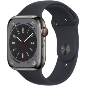 Apple Watch Series 8, GPS + Cellular Connectivity, 45mm Size, Graphite Stainless Steel Case, With Sport Band, Crack Dust Resistant, All Day Battery Life, Midnight | MNKV3ZA/A
