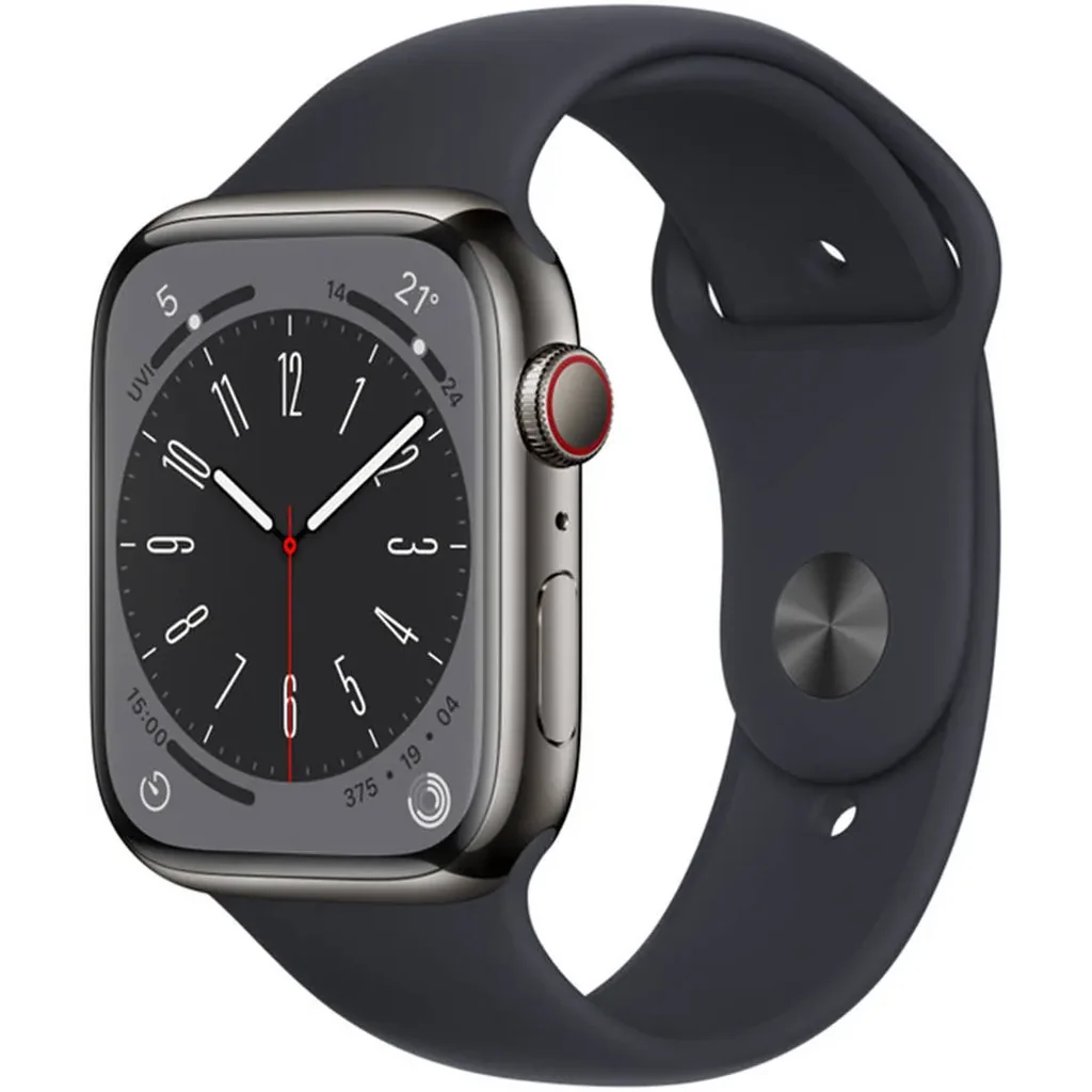 Apple Watch Series 8, GPS + Cellular Connectivity, 45mm Size, Graphite Stainless Steel Case, With Sport Band, Crack Dust Resistant, All Day Battery Life, Midnight | MNKV3ZA/A