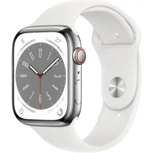 Apple Watch Series 8, GPS + Cellular Connectivity, 45mm Size, Silver Stainless Steel Case, With White Sport Band, Crack Dust Resistant, All Day Battery Life, White | MNKF3ZA/A