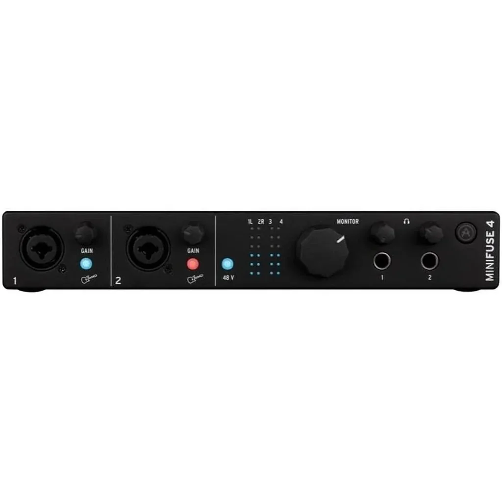 Arturia MiniFuse 4 Portable 4x4 USB Type-C Audio/MIDI Interface, 2 USB Hub For Keyboard Controllers, Phantom Power & MIDI I/O, USB Type-C, 2 Headphone Outs, 24-Bit/192 kHz Converters, Black | 800103