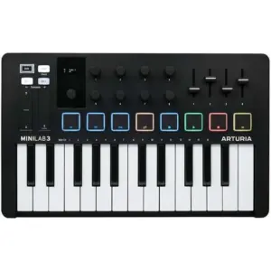 Arturia MiniLab MK 3 Compact MIDI Keyboard & Pad Controller, 25 Sensitive Slim Keys, 2 Banks of 8 Backlit Performance Pads, Pitch-Bend & Touchstrips, USB Bus Powered, Mac/Win, Black | MINILAB 3 BL