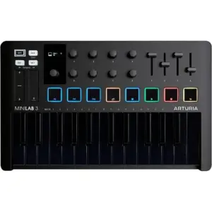 Arturia MiniLab MK 3 Compact MIDI Keyboard & Pad Controller, 25 Sensitive Slim Keys, 2 Banks 8 Backlit Performance Pads, Pitch-Bend & Touchstrips, USB Bus Powered, Mac/Win, Deep Black | MINILAB 3 DBL
