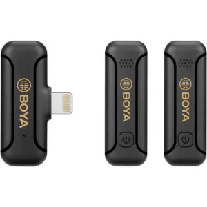 Boya Wireless Dual Channel Microphone, Omnidirectional Built In Mic, 50 Meter Operating Range, Automatic Pairing, 10 Hour Runtime, Noise Cancellation, Lightning Connector, Black | BY-WM3T2-D2