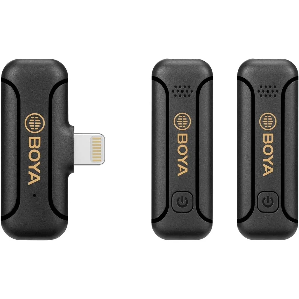 Boya Wireless Dual Channel Microphone, Omnidirectional Built In Mic, 50 Meter Operating Range, Automatic Pairing, 10 Hour Runtime, Noise Cancellation, Lightning Connector, Black | BY-WM3T2-D2