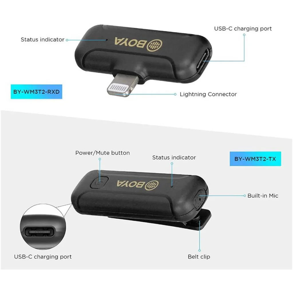 Boya Wireless Dual Channel Microphone, Omnidirectional Built In Mic, 50 Meter Operating Range, Automatic Pairing, 10 Hour Runtime, Noise Cancellation, Lightning Connector, Black | BY-WM3T2-D2 - Image 4