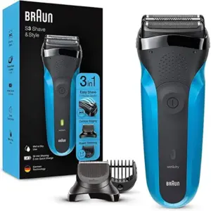 Braun Series 3 Shave & Style 3-in-1, Rechargable Wet & Dry shaver with trimmer head and 5 combs, Waterproof upto 5 meters, Black/Blue | 310BT