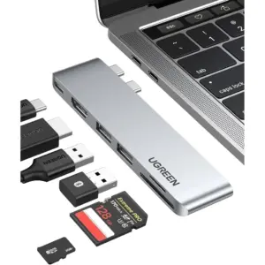 UGREEN USB Hub 6-In-2 USB C Hub Adapter with 4K HDMI for MacBook Pro 2022 5Gbps Superspeed Data Sync, Thunderbolt 3USB-C, SD TF Card Reader, 2*USB 3.0 Compatible for MacBook Pro/Air M1, Silver | 80856