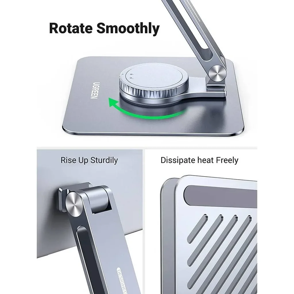 UGREEN 90849 360° Adjustable Desktop Tablet Stand Foldable, Rotating Computer Riser Portable Home Office Desk Computer Stand Holder, Notebook Stand (Silver) | 90849 - 90850 - Image 3