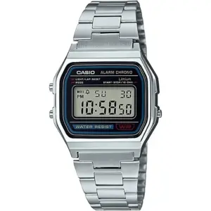 Casio Men's Water Resistant Stainless Steel Digital Watch A158WA-1DF, 3 atm Water Resistant, 12/24 Hour Format, Alarm, Calendar, Date Display, Resin Face Material, 37 mm, Silver | N20833690A