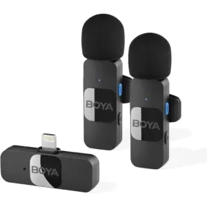 BOYA iPhone Dual Microphone, by-V2 Wireless Lavalier Microphone for iPad - Professional Video Recording Lav Mic, 2 Clip-on Microphones for YouTube Interview Vlog Livestream & Podcast, Black | BY-V2