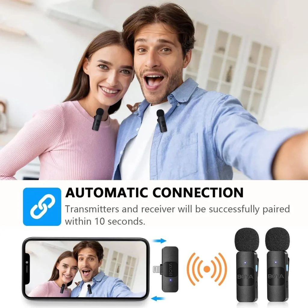 BOYA iPhone Dual Microphone, by-V2 Wireless Lavalier Microphone for iPad - Professional Video Recording Lav Mic, 2 Clip-on Microphones for YouTube Interview Vlog Livestream & Podcast, Black | BY-V2 - Image 7