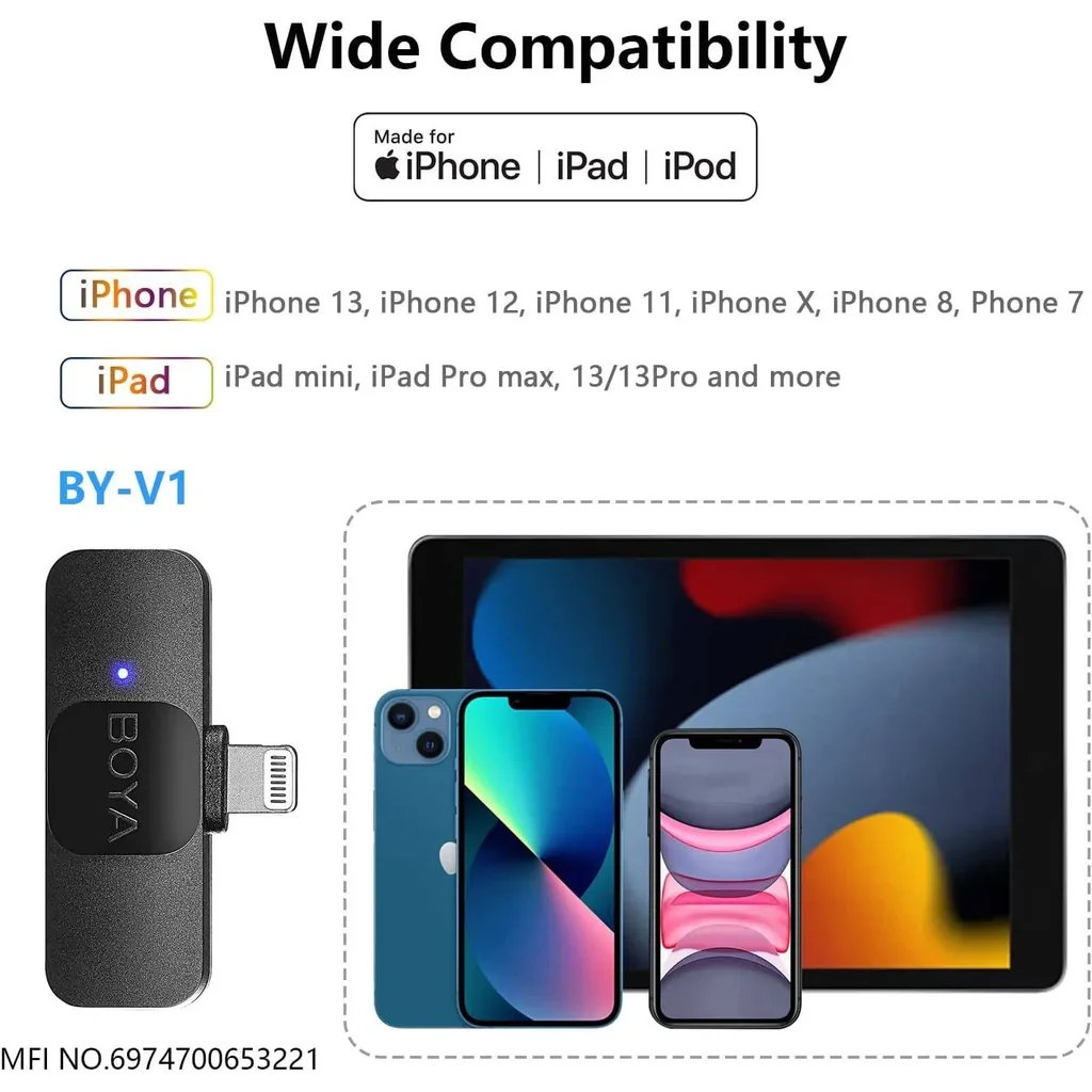 BOYA iPhone Dual Microphone, by-V2 Wireless Lavalier Microphone for iPad - Professional Video Recording Lav Mic, 2 Clip-on Microphones for YouTube Interview Vlog Livestream & Podcast, Black | BY-V2 - Image 8