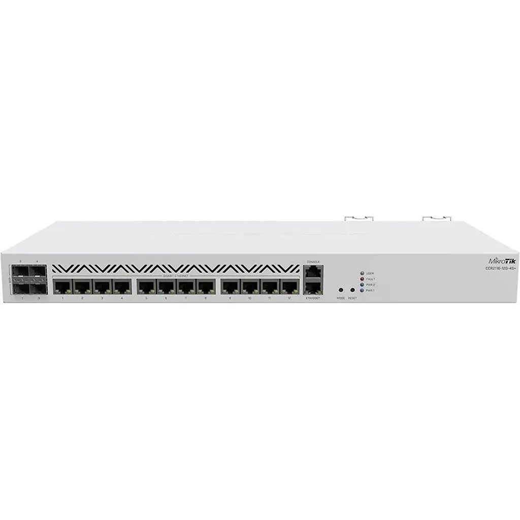 MikroTik CCR2116-12G-4S+ Cloud Core Router, 4x 10G SFP+ Ports, 16-Core 2 GHz ARM CPU 16 GB DDR4 RAM, 128 MB, NAND Storage, 2000 MHz Frequency, 13x RJ45 Ports, 1x M.2, White | CCR2116-12G-4S+