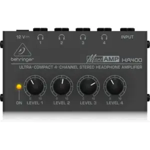 Behringer Ultra Compact Stereo Headphone Amplifier, 4 Output Channel, 1 x 1/4" TRS Analog Inputs, DC 12V Adapter Included, For Studio and Stage applications, Black - Silver | HA400