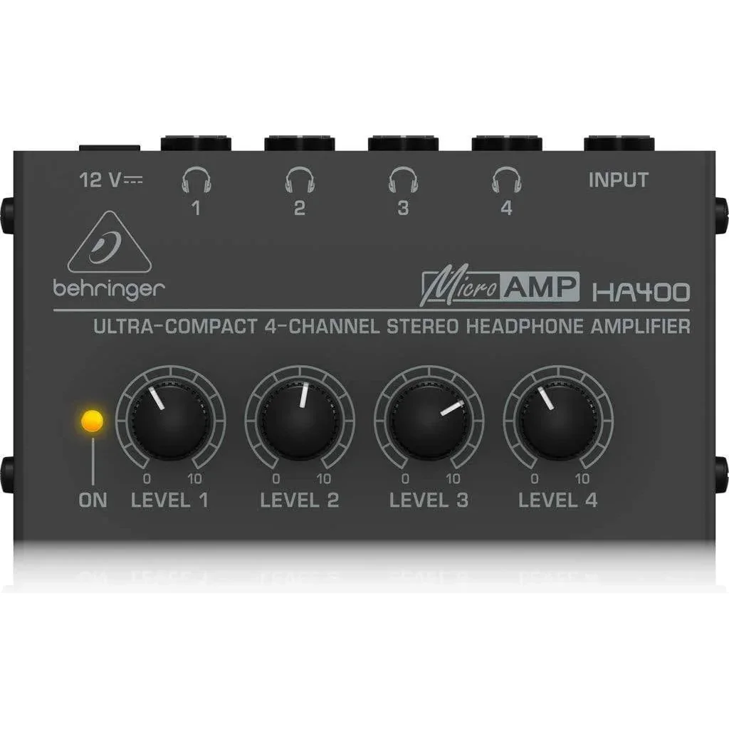 Behringer Ultra Compact Stereo Headphone Amplifier, 4 Output Channel, 1 x 1/4" TRS Analog Inputs, DC 12V Adapter Included, For Studio and Stage applications, Black - Silver | HA400