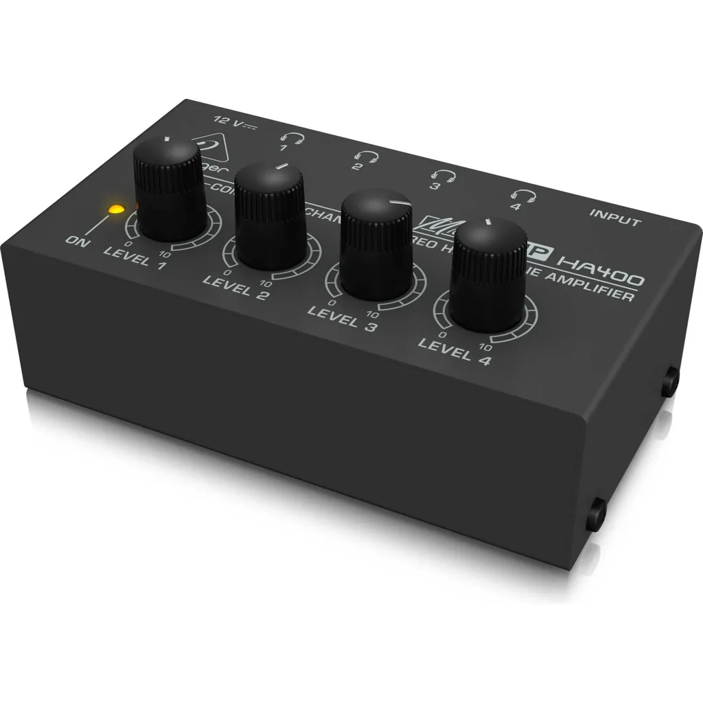 Behringer Ultra Compact Stereo Headphone Amplifier, 4 Output Channel, 1 x 1/4" TRS Analog Inputs, DC 12V Adapter Included, For Studio and Stage applications, Black - Silver | HA400 - Image 3