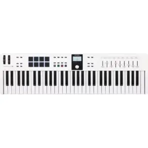 Arturia KeyLab Essential 61 MK3 61-Key MIDI Controller Keyboard, 8 Velocity RGB Lit Pads, 1 Detented Encoder, 9 Rotary Knobs, 9 Faders, 2000 Presets, 2.5" LC Display, White | Essential 61 MKIII-WH