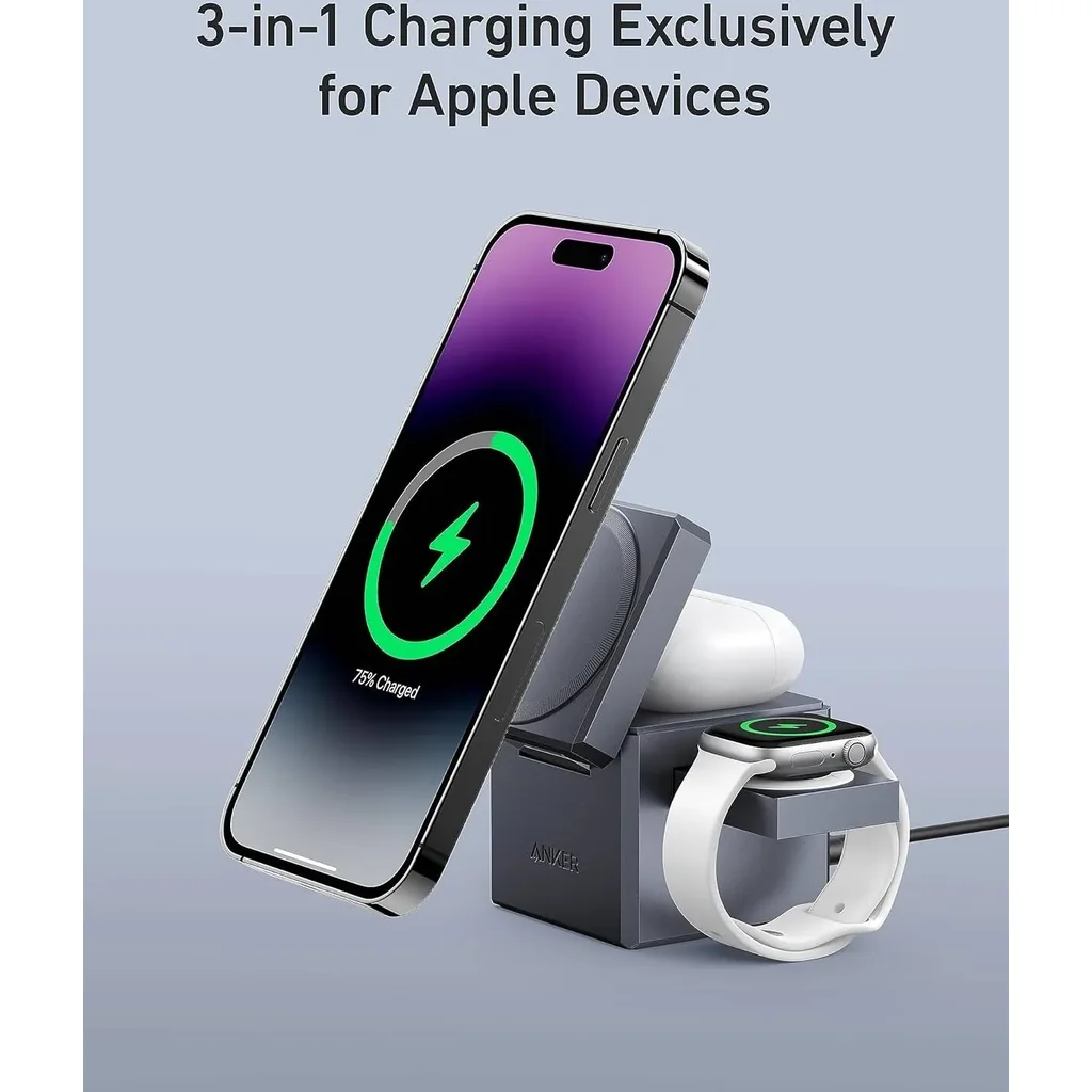 Anker 3 In 1 Cube With Qi2 Magnetic Charger, 15W Fast Charging, Adjustable Viewing Angle Up to 60 Degree, MagSafe Compatible Travel Charger, Foldable Design, Gray | Y1811KA1 - Image 2