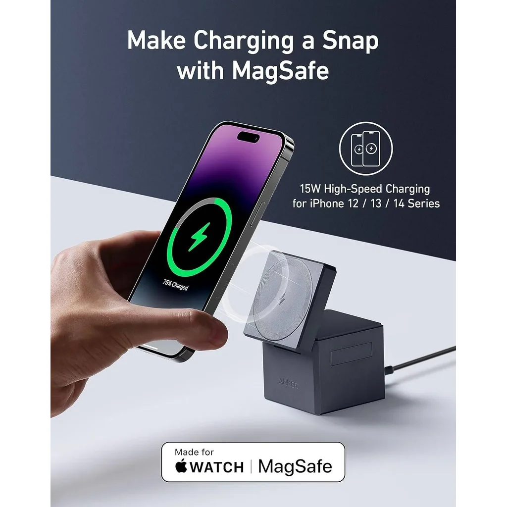 Anker 3 In 1 Cube With Qi2 Magnetic Charger, 15W Fast Charging, Adjustable Viewing Angle Up to 60 Degree, MagSafe Compatible Travel Charger, Foldable Design, Gray | Y1811KA1 - Image 3