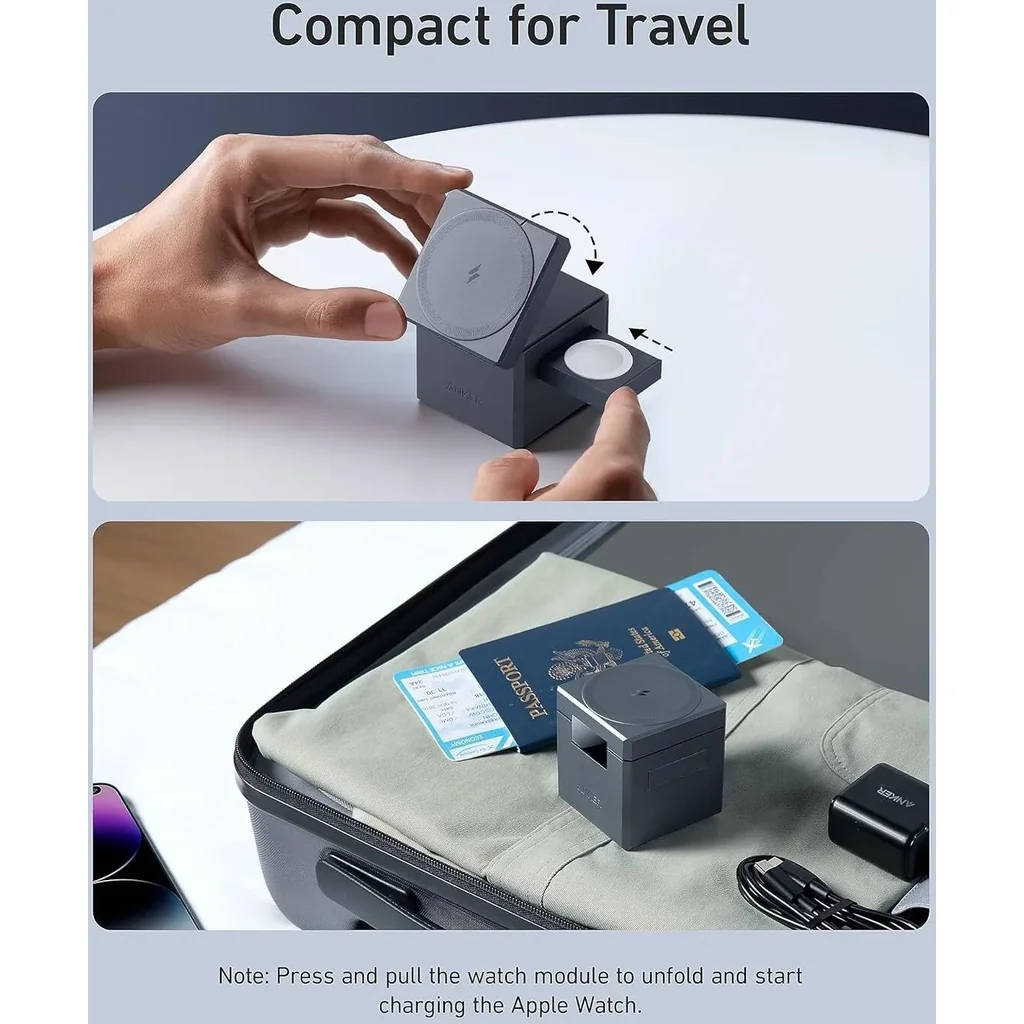 Anker 3 In 1 Cube With Qi2 Magnetic Charger, 15W Fast Charging, Adjustable Viewing Angle Up to 60 Degree, MagSafe Compatible Travel Charger, Foldable Design, Gray | Y1811KA1 - Image 6