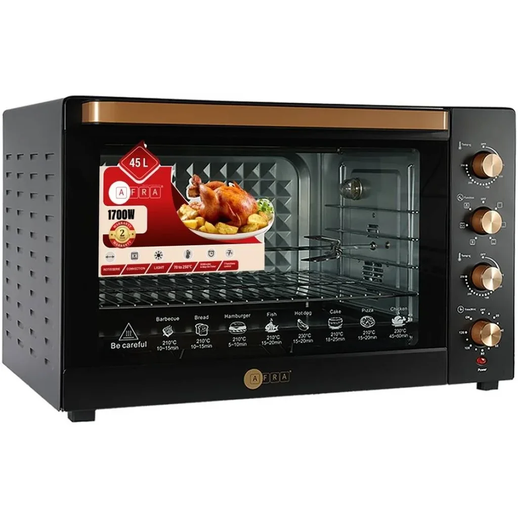 Afra Japan Electric Oven Toaster, 1700W, 45L Capacity, Cooking And Grilling, Adjustable Thermostat, 60 Minute Timer, G-MARK / ESMA / ROHS / And CB Certified, 4 Selection Knobs, Black | AF-4517OTBK