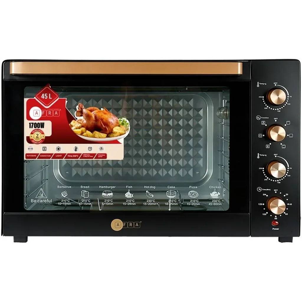 Afra Japan Electric Oven Toaster, 1700W, 45L Capacity, Cooking And Grilling, Adjustable Thermostat, 60 Minute Timer, G-MARK / ESMA / ROHS / And CB Certified, 4 Selection Knobs, Black | AF-4517OTBK - Image 2