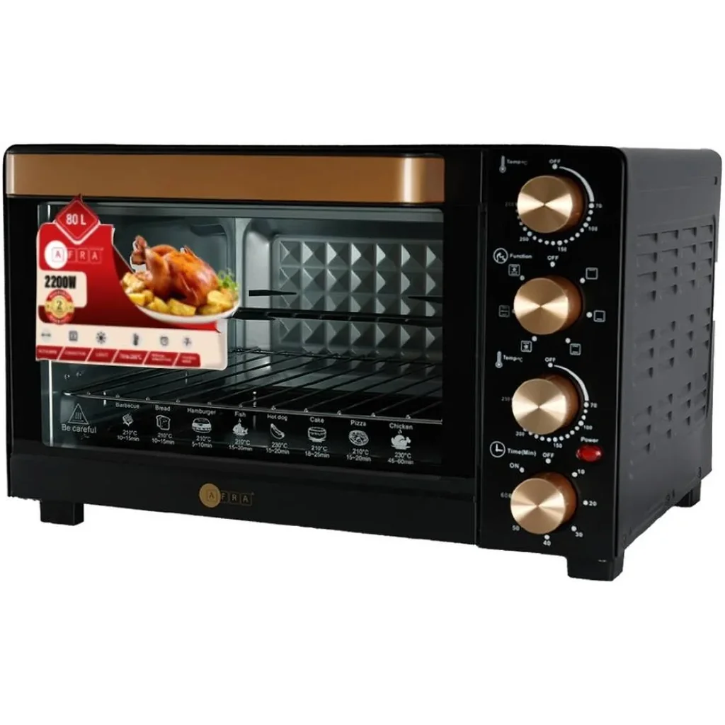 Afra Japan Electric Oven Toaster, 2200W, 80L Capacity, Cooking And Grilling, Adjustable Thermostat, 60 Minute Timer, G-MARK / ESMA / ROHS / And CB Certified, 4 Selection Knobs, Black | AF-8022OTBK - Image 4