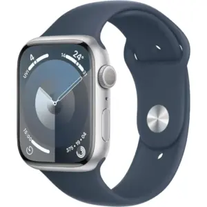 Apple Watch Series 9 GPS 45mm Smartwatch with Silver Aluminum Case with Storm Blue Sport Band - M/L, Always-On Retina Display, Fitness Tracker, Blood Oxygen ECG Apps, Blue | MR9E3ZP/A