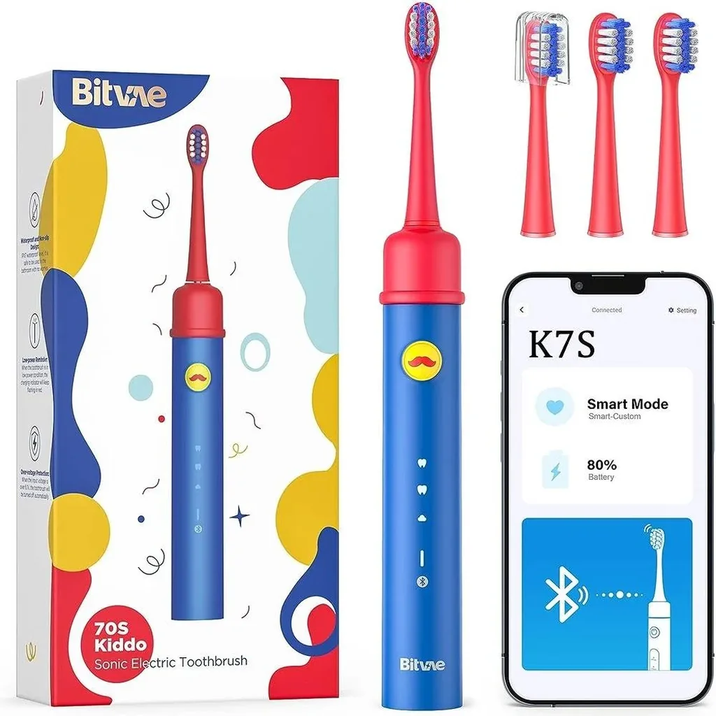 Bitvae Smart K7S Kids Electric Toothbrush, 3 Brushing Modes, 2-Minutes Timer, Pressure Sensor, 4 Replacement Brush Heads, Up to 14-Week Battery Life, IPX7 Waterproof, Blue | K7S-Blue