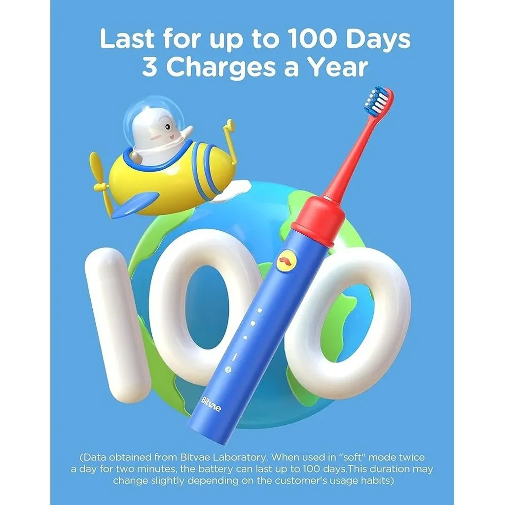 Bitvae Smart K7S Kids Electric Toothbrush, 3 Brushing Modes, 2-Minutes Timer, Pressure Sensor, 4 Replacement Brush Heads, Up to 14-Week Battery Life, IPX7 Waterproof, Blue | K7S-Blue - Image 5