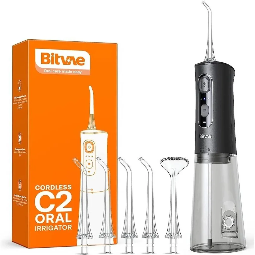 Bitvae Cordless C2 Oral Irrigator, 5 Standard Nozzles + 1 Tongue Scraping Nozzle, 360? Rotating Nozzles, 3 Pressure Settings, 300ml Resevoir, 40-Days Battery Life, Black | C2