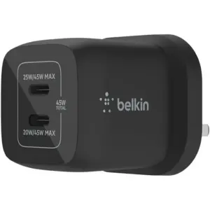 Belkin BoostCharge Pro Dual USB-C GaN Wall Charger with PPS 45W, Fast Charging Power Delivery 3.0 with GaN Technology, USB C Charger for iPhone / iPad Pro /MacBook / Samsung, Pixel, Black | WCH011myBK