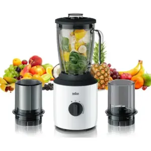Braun PowerBlend 3 Glass Jug Blender, 800 W, 1.5 Liters, TriAction Technology, Variable Speed And Pulse, 2mills Chopper And Grinder, Stainless Steel Blades,Thermo Resistant Glass, White | JB 3173